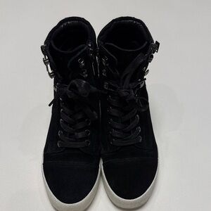Women's Black Waterproof Suede High-Top Sneakers with White Soles.